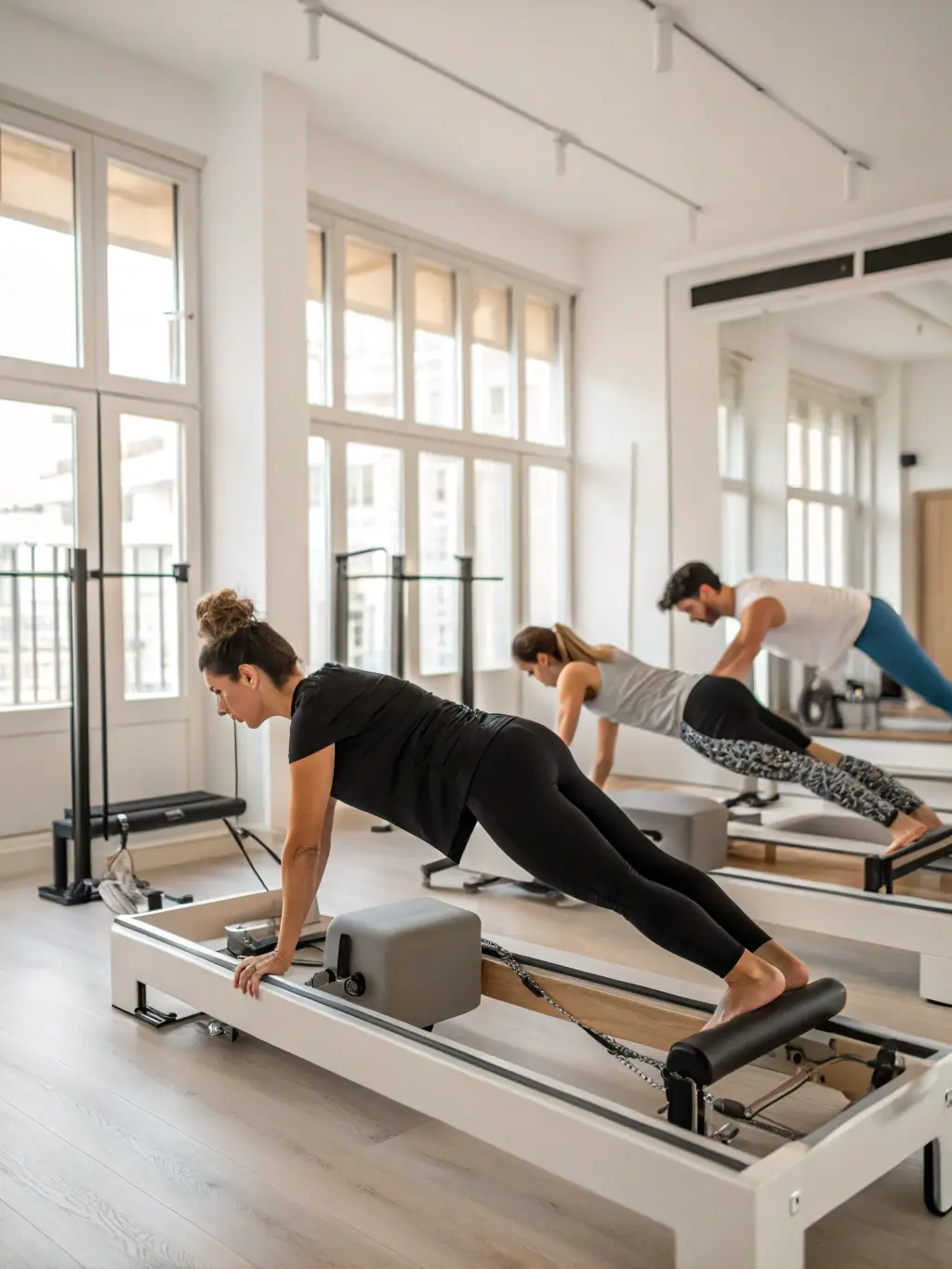 A serene image of a Pilates class at FIT'ING, participants focused on core engagement and controlled movements, highlighting the benefits of Pilates for core strength and flexibility.