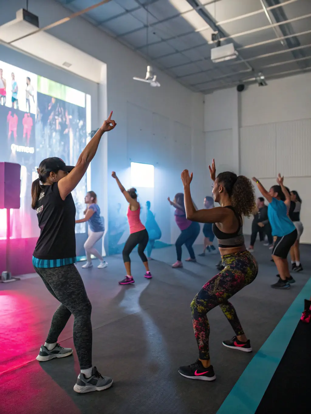 A vibrant image of a group fitness class at FIT'ING, participants engaged in a high-energy cardio workout, showcasing the community aspect and dynamic environment.