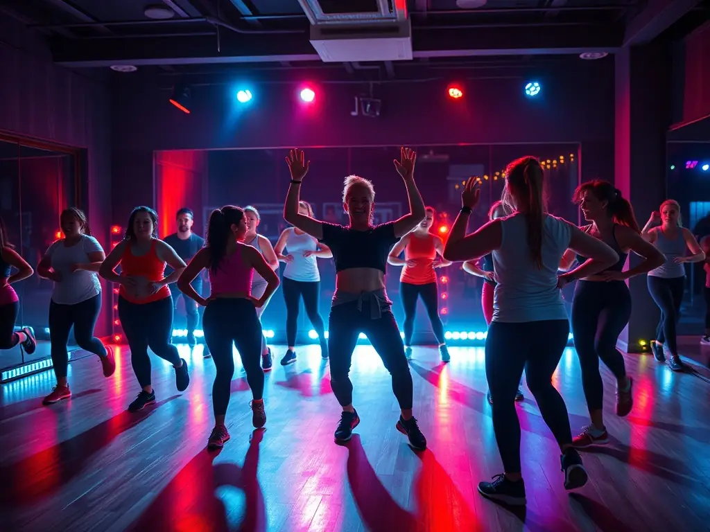 An energetic scene of participants performing step aerobics on risers, with vibrant lighting and enthusiastic instructor leading the class.