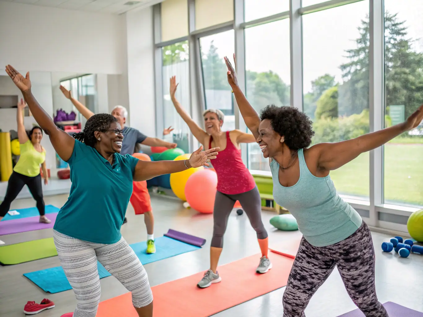 A lively image of diverse participants engaging in a group fitness class, smiling and actively participating in a bright, well-equipped studio, showcasing the energy and community spirit of FIT'ING.