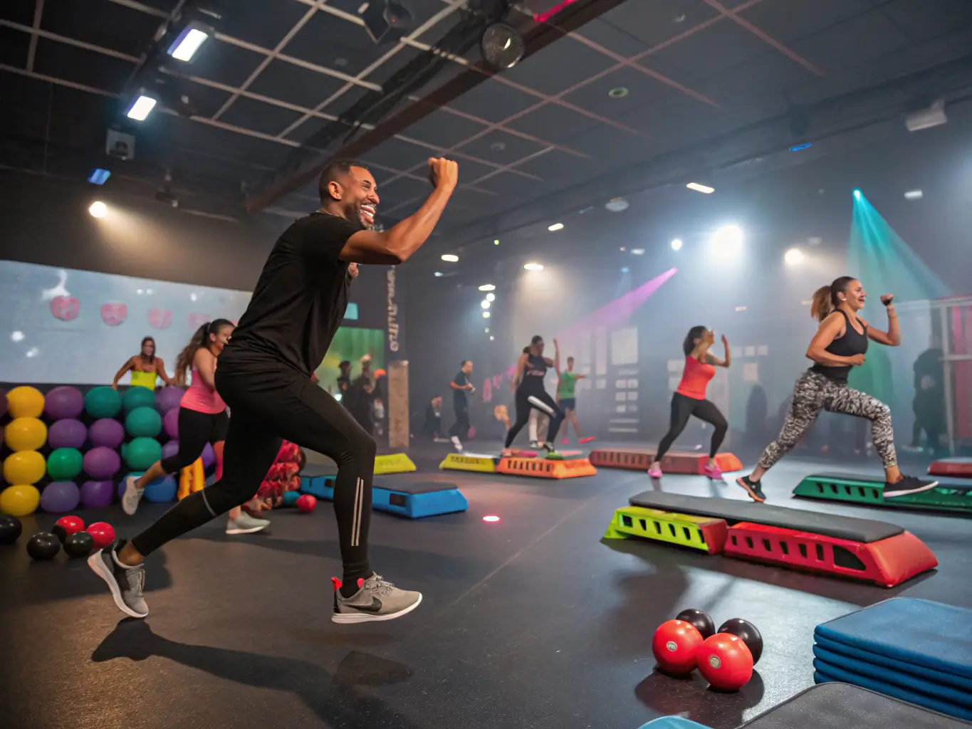 An energetic scene of participants performing step aerobics on risers, with vibrant lighting and enthusiastic instructor leading the class, capturing the dynamic and engaging nature of FIT'ING's step aerobics program.