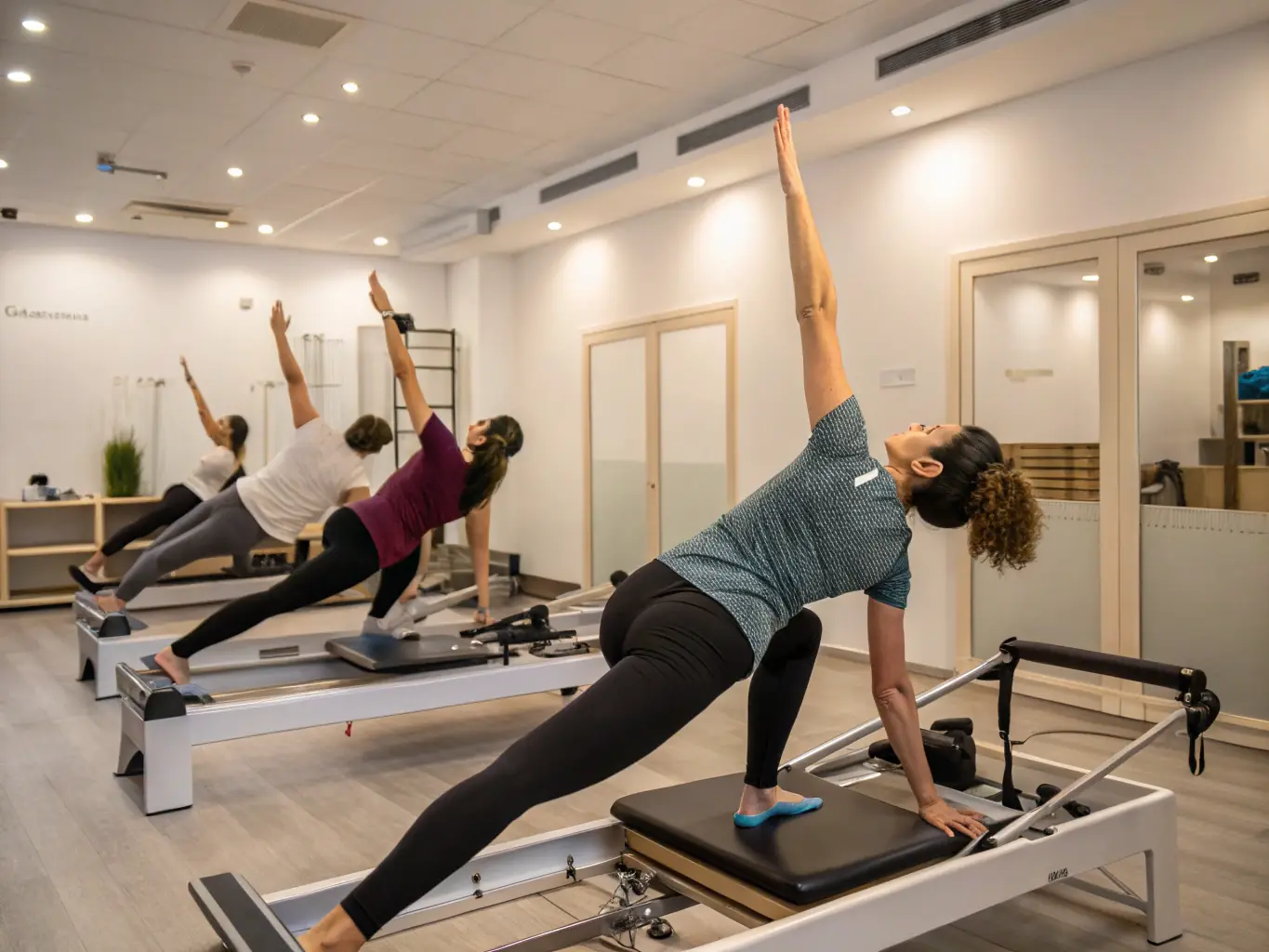A calm image of participants performing Pilates exercises on mats, guided by an instructor in a serene studio environment.