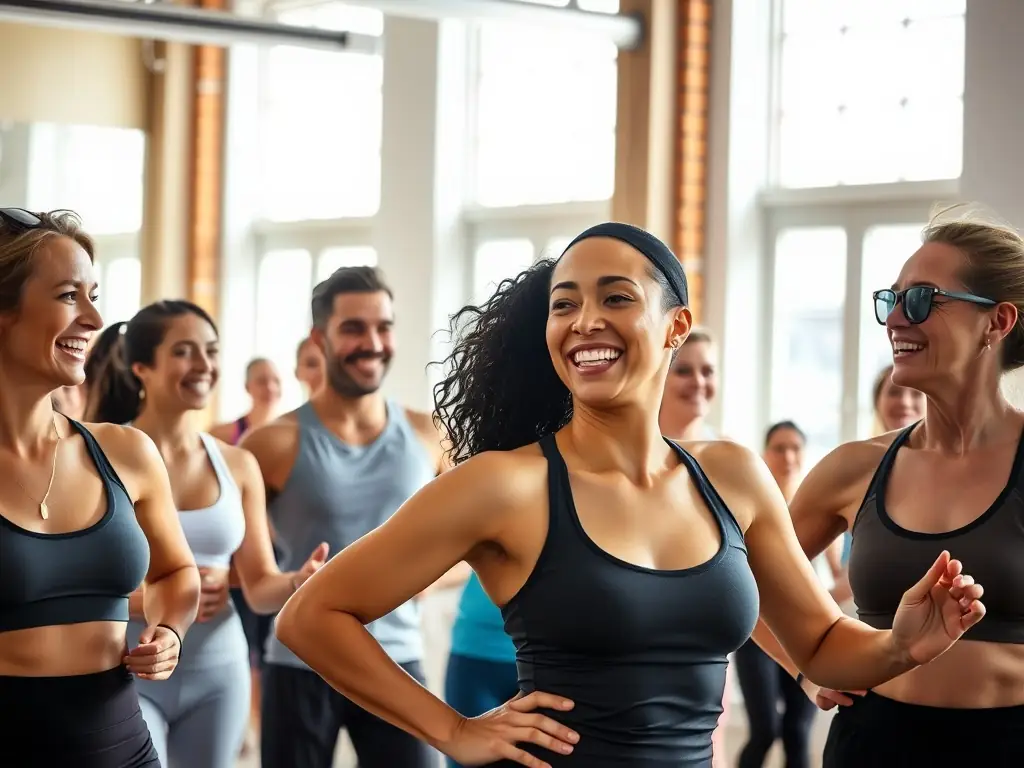A lively image of diverse participants engaging in a group fitness class, smiling and actively participating in a bright, well-equipped studio.
