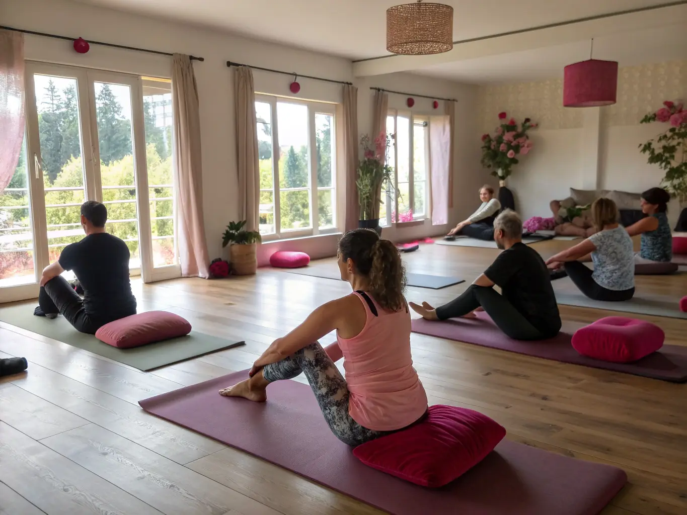 A calm image of participants performing Pilates exercises on mats, guided by an instructor in a serene studio environment, emphasizing the focus and tranquility of FIT'ING's Pilates sessions.