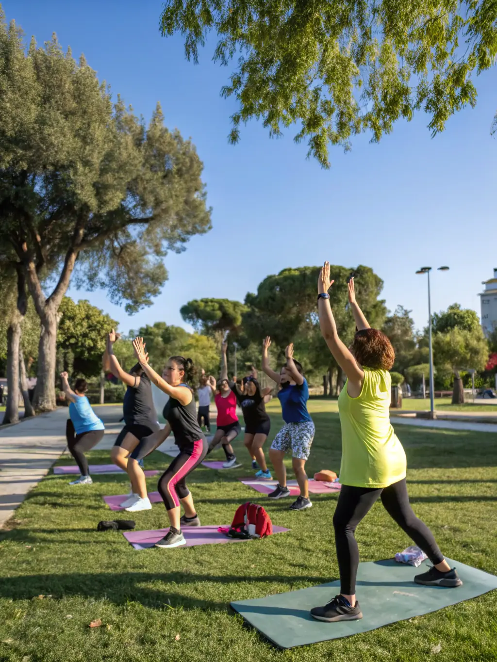 A diverse group of FIT'ING members participating in a community fitness event outdoors, emphasizing inclusivity and the organization's commitment to overall well-being.