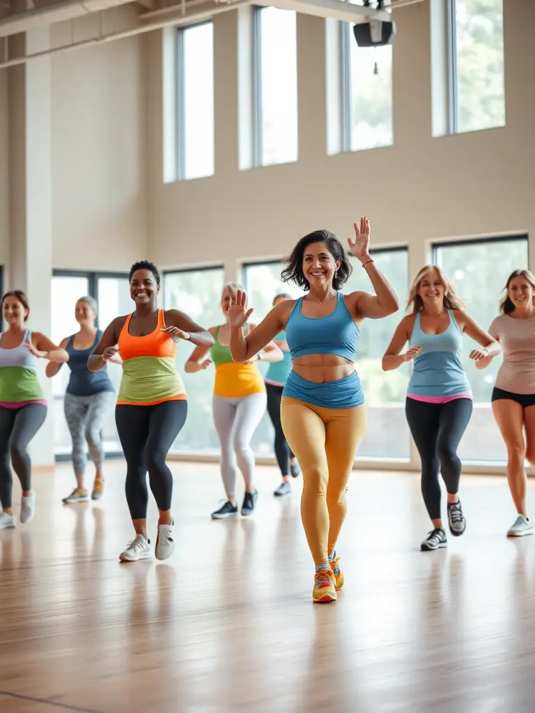 An action shot of a step aerobics class at FIT'ING, participants stepping in sync, demonstrating the coordination and cardiovascular benefits of the program.